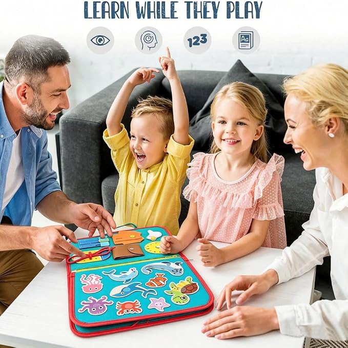 Montessori Busy Board & Busy Book for Toddlers with 10+ Sensory Activities, Fine Motor Skills Learning Toy with Shoe Lacing Practice, Quiet Travel Toy for Airplane & Car, Birthday Gift for Boys Girls