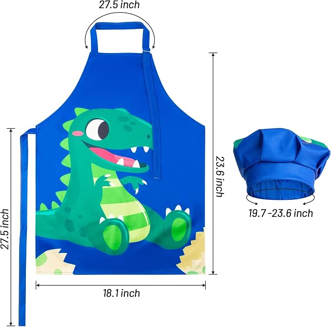 R HORSE 2 Pieces Kids Apron and Chef Hat Set, Dress up Role Play Chef Toy | Adjustable Blue Dinosaur Kitchen Apron Set, Ideal for Cooking, Baking, Painting, and Training, Birthday New Year Cooking Gift