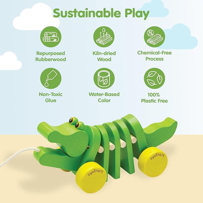 PlanToys® Dancing Alligator Pull Toy for Toddlers | Eco-Friendly Wood Toy with Click-Clack Sound | Walking Toy for Babies | sound motion, toddler pull toys, animal design, girls, boys, gross motor cause & effect early learning gift for kids idea