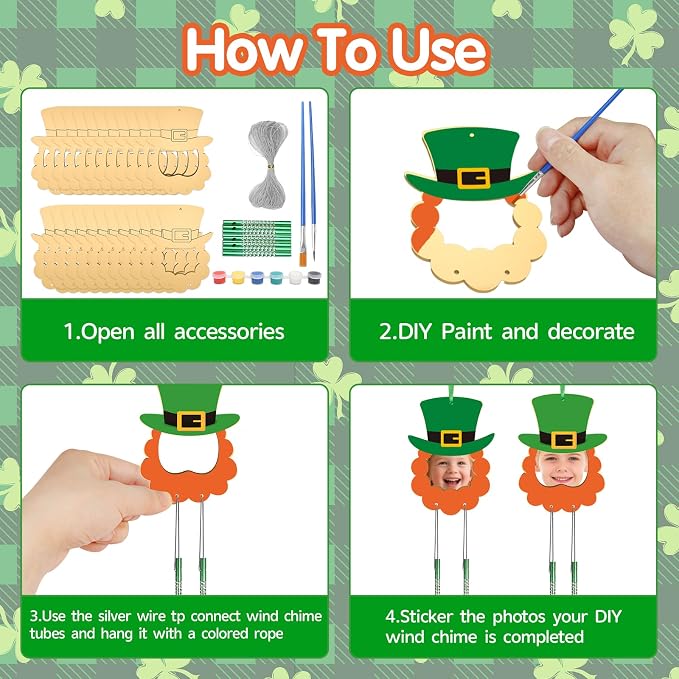 Fennoral 24 Pack St Patrick's Picture Frame Wind Chime Craft Kit for Kids Make You Own Patrick's Day Craft Kit Wooden DIY Coloring Art and Craft for Irish Classroom Art Activity Patrick's Decoration