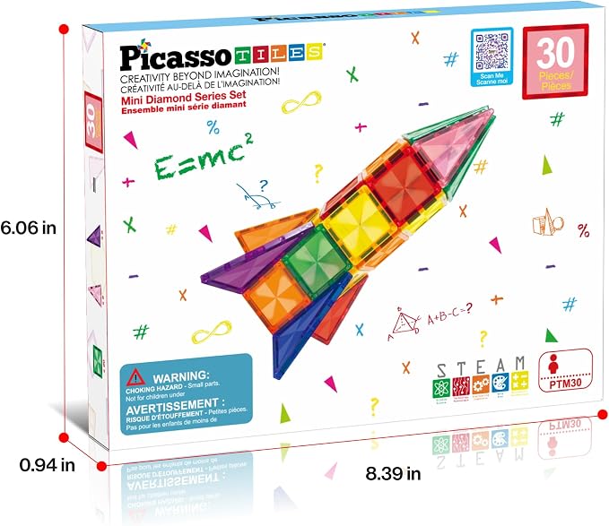 PicassoTiles 30 PCs Magnetic Tiles Travel Size Mini Version Building Block Construction Set for Kids Great Gift Ages 3+ Boys & Girls Preschool Kindergarten Montessori Playing Toys Stacking Fun PTM30