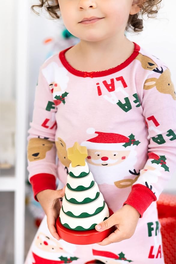 Pearhead Wooden Christmas Tree Stacking Toy Set, Holiday Toys for Toddlers