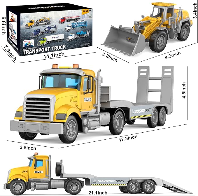 DOWELLIN Transport Truck Toys for Kids, Includes Semi Carrier Car and Bulldozer Trucks, Cars Toy Vehicle Birthday Gift for 3+ Years Old Boys Girls Child
