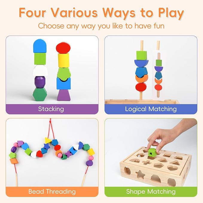 Sewulidon 3 in 1 Wooden Color Sorting Stacking Toys, Montessori Toys Geometric Shape Sorter Matching Lacing Beads Sequencing Toy Set Preschool Learning Fine Motor Skills for Toddlers 3 4 5 Years
