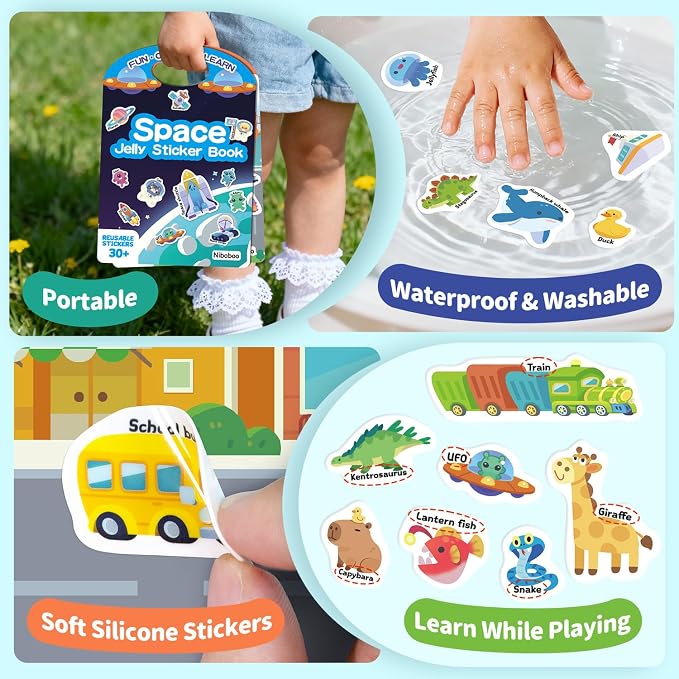 6 Pack Jelly Sticker Books for Toddlers, Reusable Sticker Books for Kids 3-6, Quiet Book for Ages 3+ Kids, Perfect Holiday & Birthday Gifts for Boys & Girls
