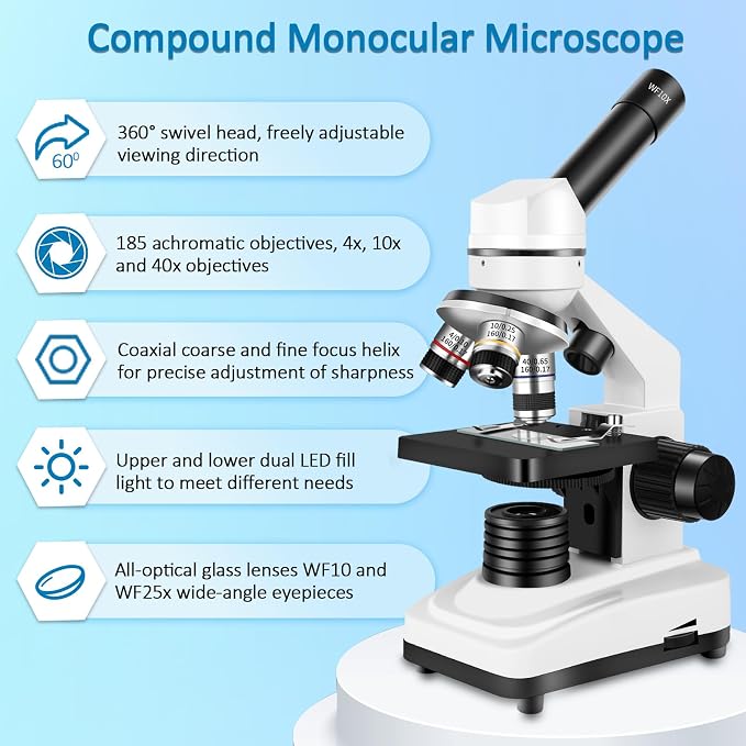 Herwicm Microscope for Adults & Kids,40x-2000x Compound Microscope with Dual LED Illumination,Great for School Labs & Home Schooling