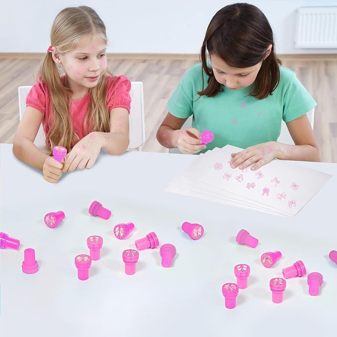 Cinrobiye 24 Pcs Pink Bow Stampers Party Favor Set, Cute Bow Stamps for Kids Birthday Party, Classroom Rewards, Girl Party Supplies, Goody Bag Fillers, Pink Themed Party Favors