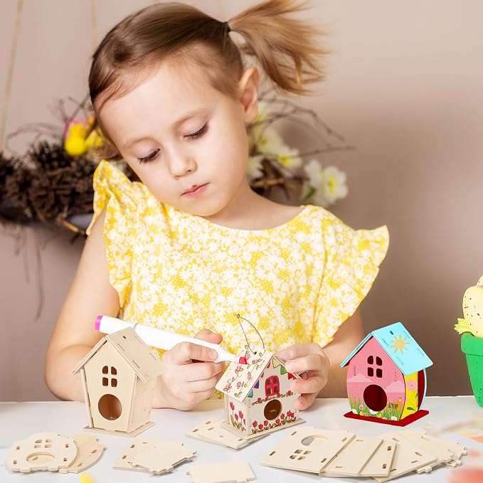 Sawysine 107 DIY Birdhouse Kits, Wooden Bird House Round Entrance | 48 Wooden Bird House Kits in 6 Shapes and 57 Butterfly Sticker for Children Fall Craft Activity Art DIY Project