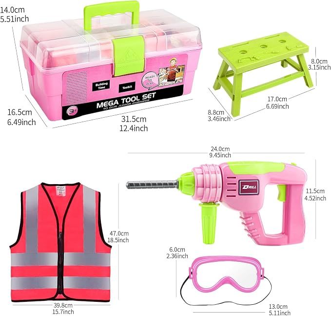 Kids Tool Set for Grils with Electronic Toy Drill & Tool Box | Toddler Tool Set STEM Pretend Play Construction Toys with Costume Vest, Girl Toys for 3 4 5 6 7 Year Old