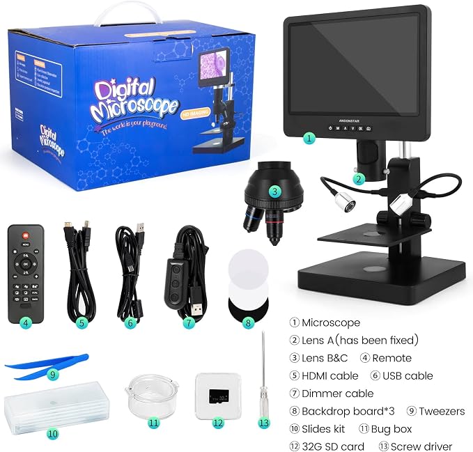 Andonstar AD249S-P 10.1 Inch HDMI Digital Microscope, 4000x 3 Lens 2160P UHD Video Record, Biological Microscope Kit for Adults and Kids, Coin Microscope for Error Coins, Prepared Slides, 32G SD Card
