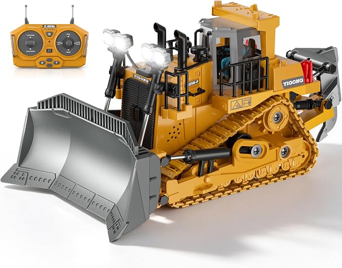 KidsFaves RC Bulldozer with Alloy Blade,Remote Control Construction Toy | 360° Rotating,9-Channel Remote Control Bulldozer Toy with Lights & Sounds for Kids