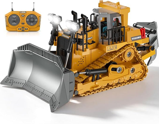 KidsFaves RC Bulldozer with Alloy Blade,Remote Control Construction Toy | 360° Rotating,9-Channel Remote Control Bulldozer Toy with Lights & Sounds for Kids