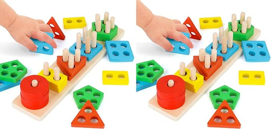 LovesTown Stacking and Sorting Learning Puzzles, Montessori Wooden Sensory Toys for Toddlers, 20 PCS (Pack of 2)