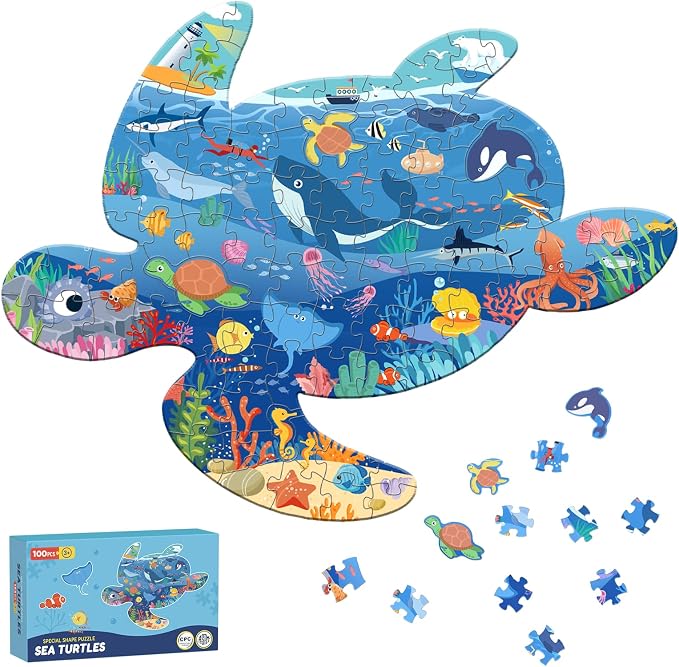 100 Piece Puzzles for Kids Ages 4-6 6-8, Sea Turtle Puzzles for Boys Girls | Jigsaw Puzzle for Kids, Ocean Animal Shaped Floor Puzzles Preschool Educational Learning, 21"×30" Jumbo Puzzle Toys For Child