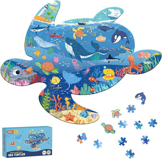 100 Piece Puzzles for Kids Ages 4-6 6-8, Sea Turtle Puzzles for Boys Girls | Jigsaw Puzzle for Kids, Ocean Animal Shaped Floor Puzzles Preschool Educational Learning, 21"×30" Jumbo Puzzle Toys For Child