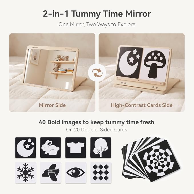 Tummy Time Mirror Toys, Baby Mirror Tummy Time Play Set for 0-6 Months | Large Baby-Safe Mirror, Adjustable Infant Mirror Toy with Black and White High Contrast Cards for Newborn Visual Stimulation