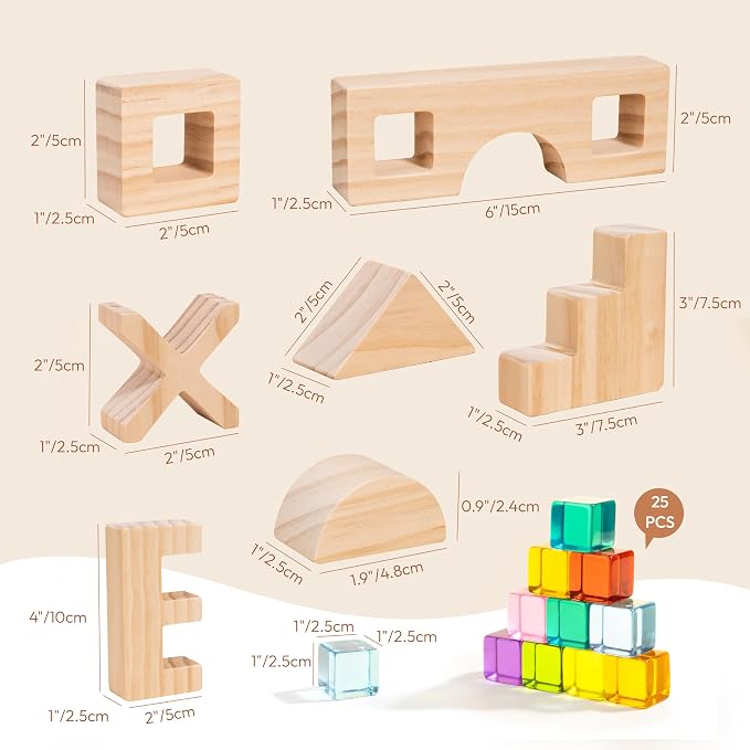 Woodtoe 47 PCS Rainbow Blocks Set, Wooden Building Blocks for Kids Ages 3-6 | Montessori Stacking Blocks Toys, 25 Gem Blocks, 22 Wooden Blocks, Educational STEM Creative Birthday Toys Gifts for Boy Girl