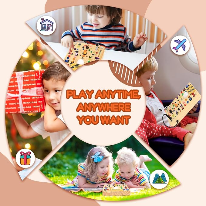 Busy Board with 19 LED Light Switches, Montessori Toys for 1 2 3 Years Old, Wooden Sensory Board, Toddlers Activity Travel Toys for 1 2 3 Year Old Boy & Girl Birthday Gift (Big)