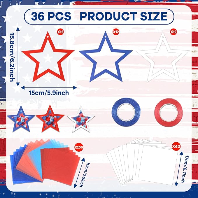 Qyeahkj 36 Set 4th of July Suncatchers Crafts for DIY Patriotic Star Window Tissue Paper Craft Kit Star Hanging Decor for Patriotic Home Activity Art Project Birthday Party Favor Gift