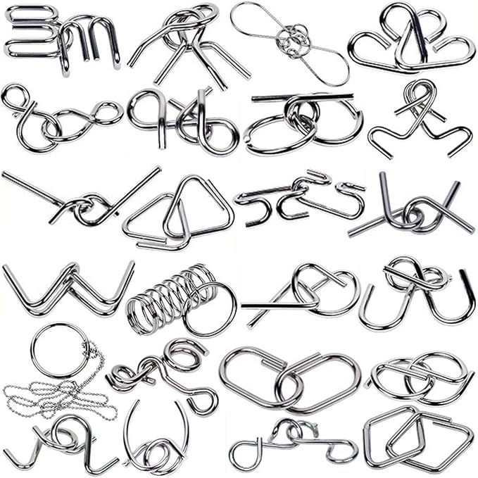 Ahyuan Metal Wire Puzzles Set 32 with Pouch Large Thick Brain Teaser Puzzles Fidget Toys IQ Test Mind Games Toys Magic Trick Toy Metal IQ Puzzle Party Favors for Kids Adults (Silver)