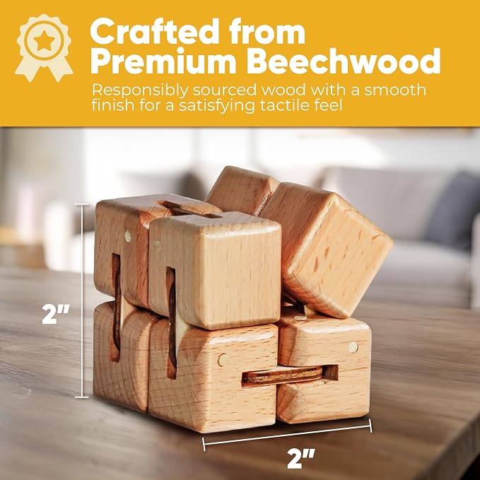 BunMo Wooden Fidget Cube – Beechwood Infinity Cube Fidget Toy, Larger One Pack – Smooth Folding Pocket Fidget, Natural Wood Sensory Cube for Desk or Travel