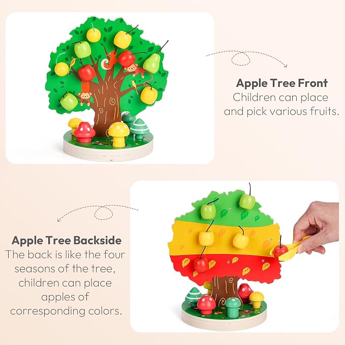 Apple Picking Magnetic Tree Toy, Montessori Toy for Toddler Age 3-6 | Develops Fine Motor Skills, Color Sorting & Matching Game, Wooden Sensory Play, Educational Fall Autumn Learning Gift for Kid