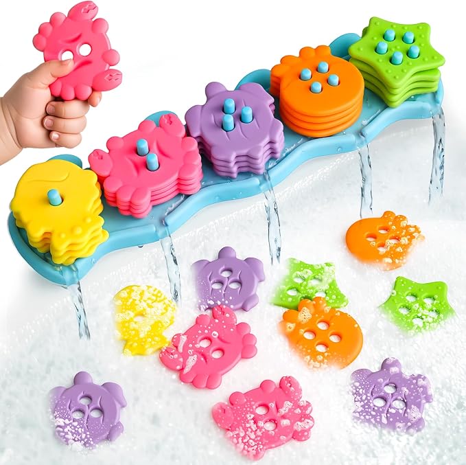Mold Free Bath Toys for Kids Ages 1-3 Silicone Ocean Shape Sorters Toy | 21 Color Floats Sorting Stacking Bath Toys Toddlers 2-4 Early Learning Baby Shower Gifts for 1 2 3 4 Year Old Girls & Boys