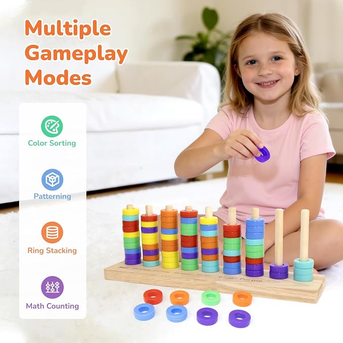 Color Sorting Stacking Game Toys, 7 Colors Ring Stack Challenge Puzzle Game, Wooden Rings Color Matching & Stacking Toys for Kids, Competitive Tabletop Game for Family Night, Gifts for Boys and Girls