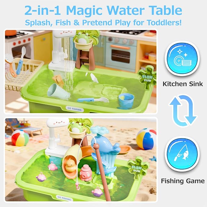 Water Table for Toddlers 1-3 with Pump, Spring-Green | 22Pcs Toy Accessories, 4L Basin, Fishing & Kitchen Sink. Outdoor Sensory Toy for Toddlers 1.5-3