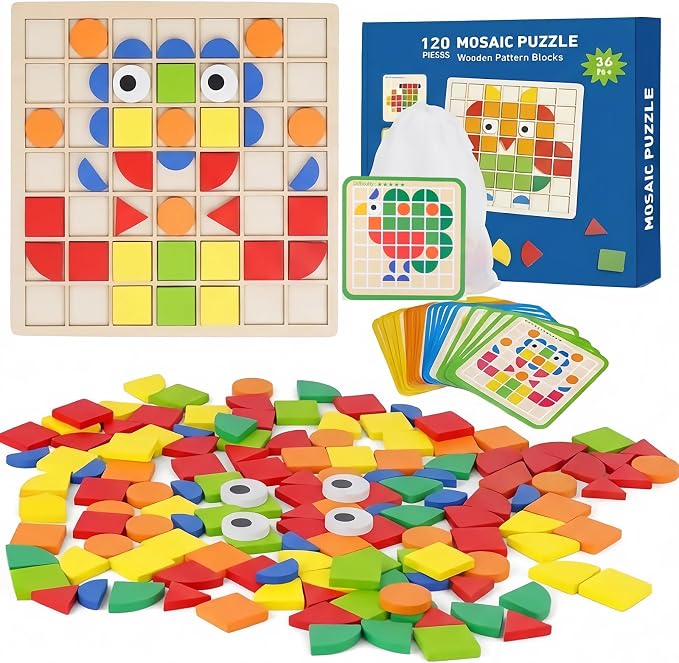 Wooden Pattern Blocks Set 120 Pcs Geometric Shapes Puzzle Classic Montessori Educational Tangram Toys with 24 Design Cards for 4-8 Year Old Kids