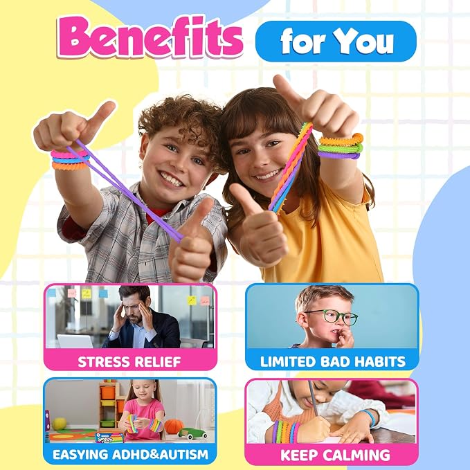 Sensory Toys Fidget Stretchy Strings: Fidget Toys Bracelet for Kids Calming - Adjustable Sensory Bracelet for Autism - Quiet Prizes Box Toys for Classroom 12 Pack