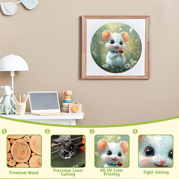 Animal Wooden Puzzles for Kids - Woodland Mouse | 50 Piece Puzzles for Kids Ages 4-6 - Kids Puzzle with Unique Piece Shapes - Round Puzzle for Boys and Girls (11.4 * 11.4 in)