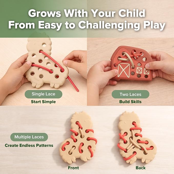 haakaa Alfie Alpaca Silicone Lacing Toy for Toddlers Ages 2+ | BPA-Free Silicone Threading Toy, Fine Motor Skills Play, Quiet Travel Activity with Alpaca, Barn & 4 Laces