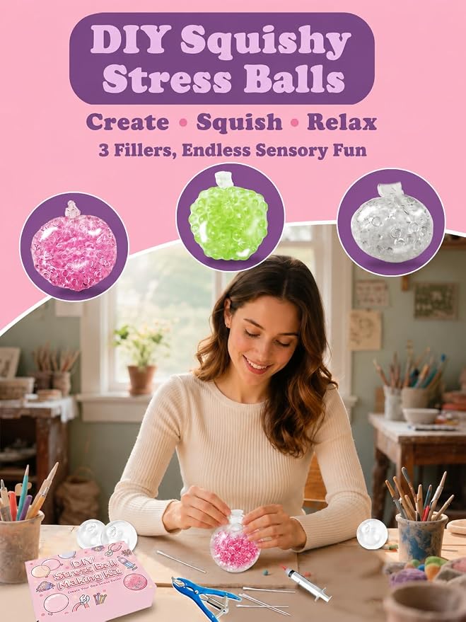 DIY Stress Ball Making Set for Adults, Squishy Make Set with 15 TPR Ball Skins, 9 Types of Fillers, Air Pump, Vacuum Tool, Plugs & Cable Ties, Make Your Squishies for ASMR Anxiety Relief Sensory