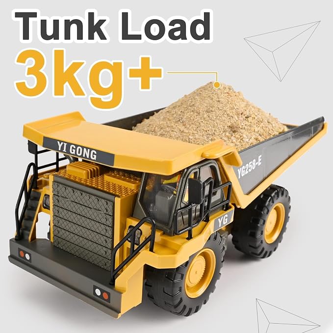KidsFaves RC Dump Truck, 9CH Remote Control Dump Truck with Metal Dump Bed, 45° Lifting & 360° Rotation, 2 Batteries, Lights & Sounds, Construction Toy for Boys Age 3+