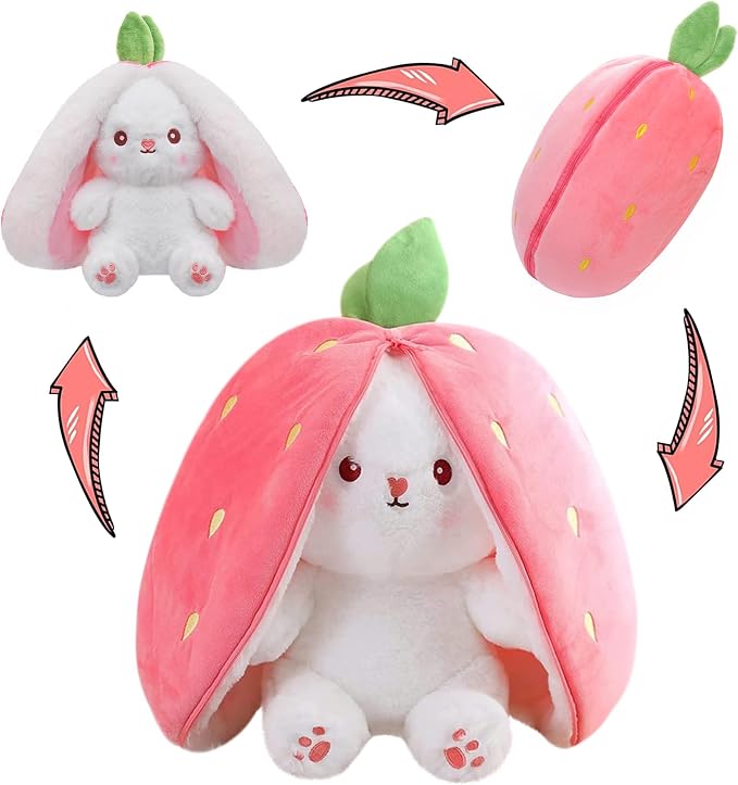 MIAODAM 13.7" Large Bunny Stuffed Animal,Squishy Cute Bunny Plush Toy | Reversible Transformable Strawberry Fruit Doll, Funny Christmas/Easter Plushies Gift for Kids & Girlfriend