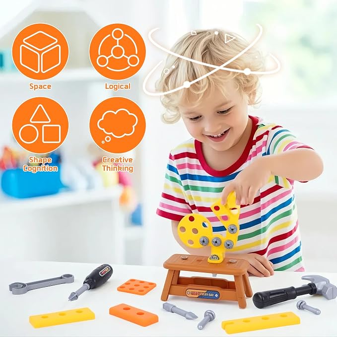 Magic4U Kids Tool Set, 52PCS Toddler Toolbag with Electric Drill, Tool Belt | Electric Drill with 3 bits, Pretend Play Construction Toys Costume Adjustable Tool Belt, Gloves and Goggles for Age 3-8