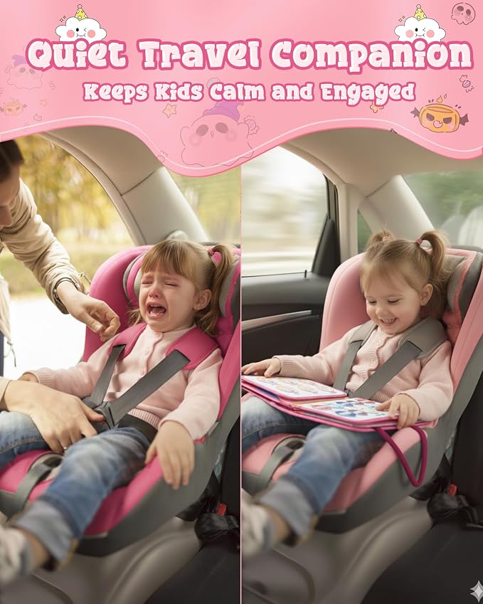 Pink Montessori Busy Board,8-Page Sensory Activity Book for Fine Motor Skills & Basic Dress Learning, Portable Travel Toy for Preschool Kids, Portable Travel Gift for Preschool Girls