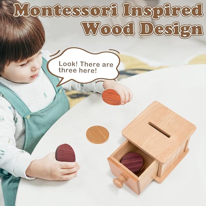 Adena Montessori Wooden Double-Sided Coin Box Object Permanence 6-12 Months | Solid wood, smooth edges. Two play modes, 6 coins. Builds grip, focus, fine motor. For 6-12 month infants. Gift.