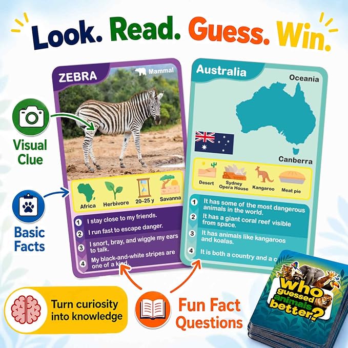 Quokka Who Guess It Better Game Set – Animals & Countries Educational Game with Visual Clues, 3 Card Sets Bundle, Screen-Free Travel Games for Kids Ages 6+