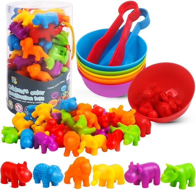 GKDOMS Counting Animals Toy Matching Game with Sorting Bowls Preschool Learning Activities Montessori Sensory Toy for Math Color Sorting, Party Favors Birthday Gifts for Toddlers