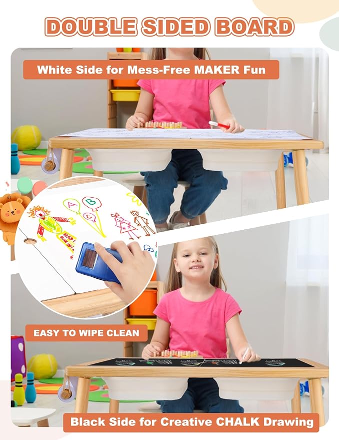 Kids Sensory Table，Sensory Activity Table with Paper Roll Stick & Double-Side Board，Toddler Play Sand Table with 3 Storage Bins，Indoor Outdoor Boys Gilrs