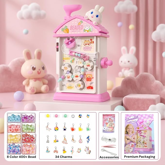 Bracelet Making Kit- Auto Beaded Jewelry Maker Toy Gift for Girls 6-12 | DIY Hand-Crank Pink House Kit, Inspires Creativity and Imagination, Friendship Bracelets, Birthday Gift, No Batteries MAGTHIC