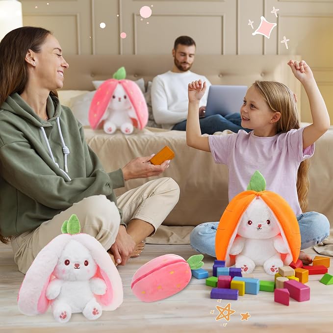 MIAODAM Carrot Strawberry Bunny Stuffed Animal,Squishy Cute Bunny Plush | Reversible Transformable Strawberry Fruit Doll, Funny Christmas/Easter Bunny Plush Gift for Kids