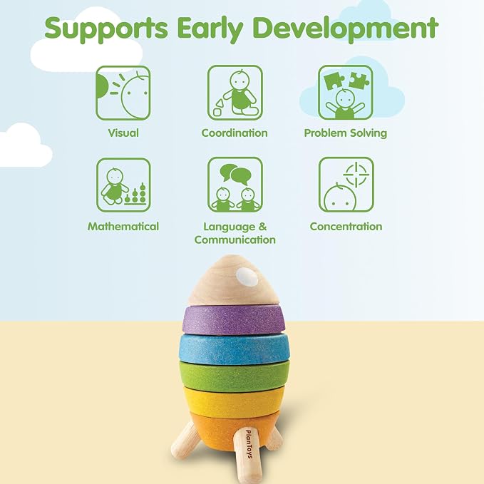 PlanToys® Wooden Stacking Rocket Toy for Toddlers, Montessori STEM Learning | wooden stacking rocket, montessori STEM learning, colorful rocket stacker, fine motor skill problem solving, preschool gift k