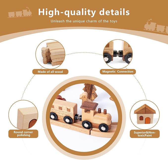 32PCS Wooden Train Set for Toddlers, 10.6 by 8.66 Inch Compact Size Double-Side Tracks Expandable Montessori Toys Compatible with Educational Fine Motor Skills Toy for 3 Year Old Boys Girls