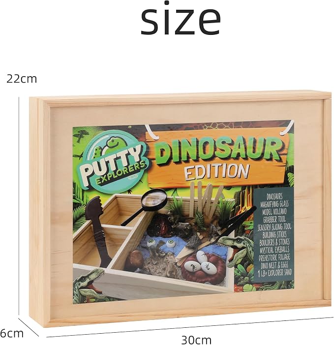 Dinosaur Sensory Bin Kit for Kids - Wooden Sensory Box with Putty, Dino Figures, Volcano & Tools | Montessori STEM Learning Toy | Dinosaur Excavation & Imaginative Play Set for Boys & Girls Ages 4-8