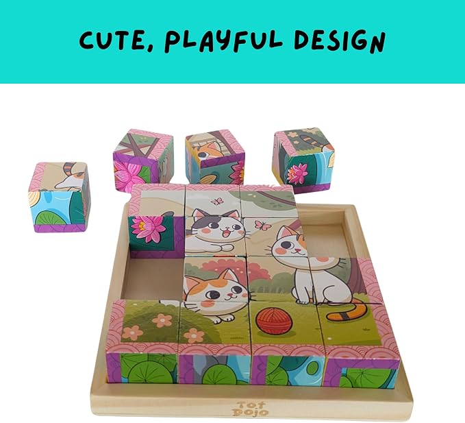 6-Sided Wooden Block Puzzle for Toddlers & Kids — 6 Puzzles in 1, Dogs, Cats, Frogs, Fish, Nature & Mountain Scenes, 16 Solid Birchwood Pieces with Wooden Storage Tray