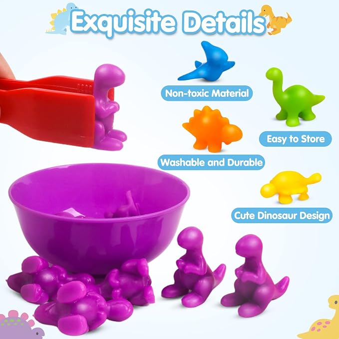GKDOMS Counting Dinosaurs Toys Matching Game with Sorting Bowls Preschool Learning Activities Montessori Sensory Toys for Math Color Sorting, Party Favors Birthday Gift for Toddlers