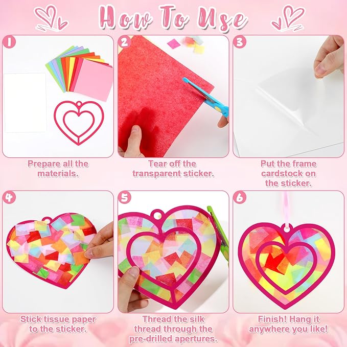 Qyeahkj 36 Set Valentine's Day Suncatchers Craft Kit DIY Heart Window Stained Glass Effect Paper Pink Love Window Tissue Paper Craft Home Decor Valentines Art Supplies Favor Gift